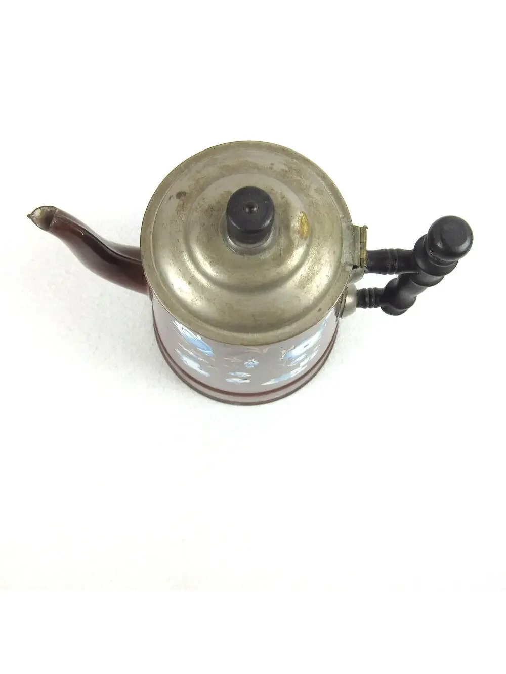 Antique Enamelware Coffee Pot Boiler Brown & Blue Flower Floral Lid Handle RARE